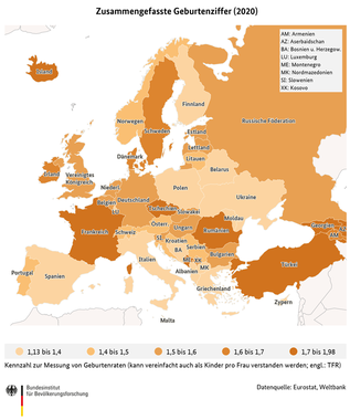 Karte der zusammengefassten Geburtenziffer (TFR) in europäischen und angrenzenden Ländern (2020) (verweist auf: Zusammengefasste Geburtenziffer (TFR) in europäischen und angrenzenden Ländern (2020))