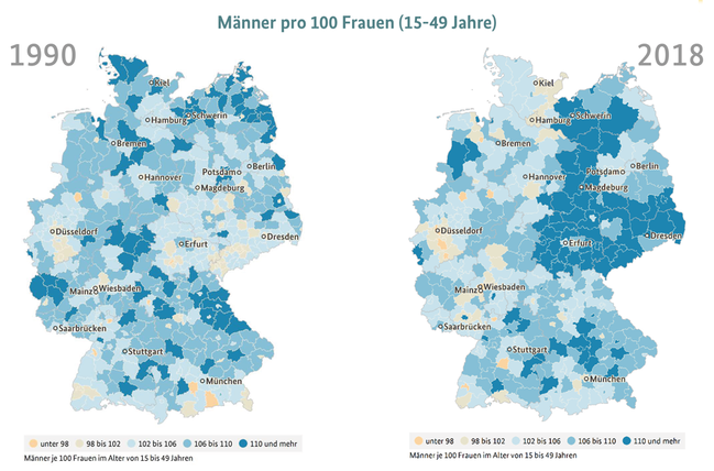 Deutschlandkarten mit der Anzahl der Männer je 100 Frauen im Alter von 15 bis 49 Jahren, 1990 und 2018