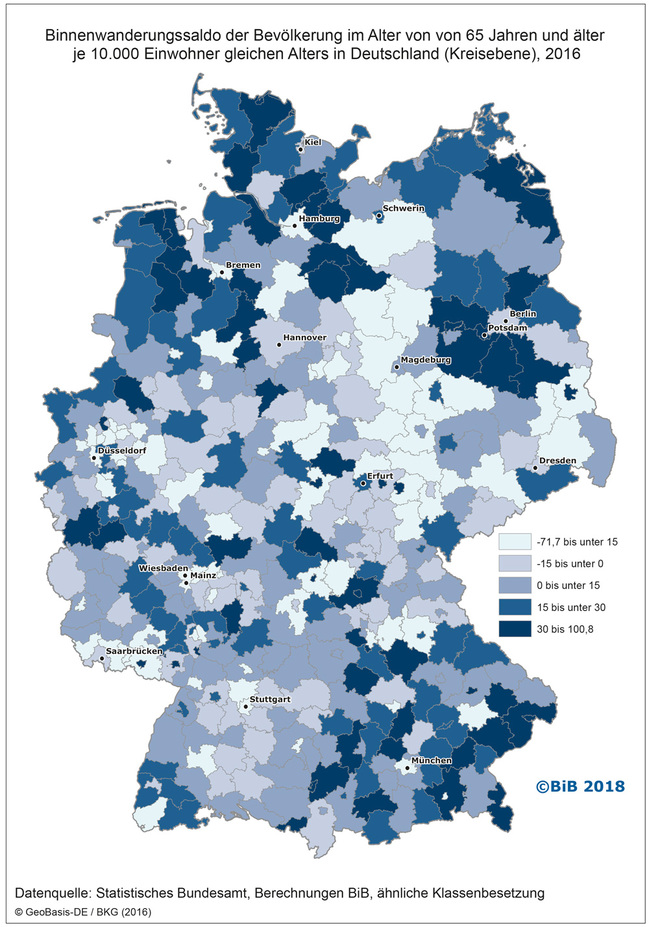 Deutschlandkarte des Binnenwanderungssaldos der Bevölkerung im Alter von 65 Jahren und älter je 10.000 Einwohner gleichen Alters in Deutschland (Kreisebene), 2016