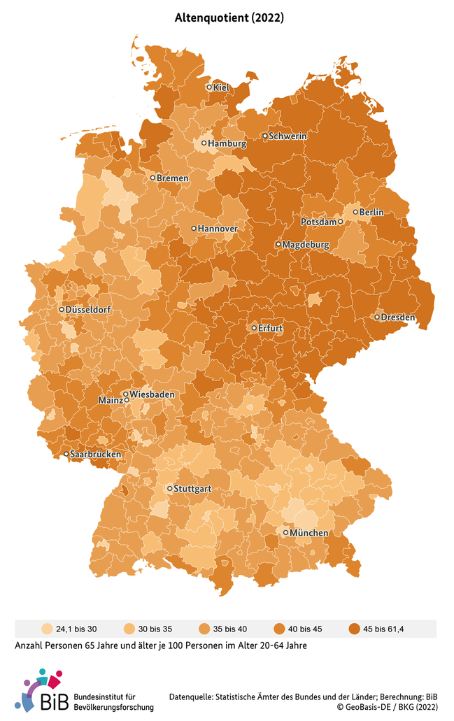 Deutschlandkarte, in der der Altenquotient auf Kreisebene f&#252;r das Jahr 2022 dargestellt ist. Der Altenquotient bezieht die Zahl der 65-J&#228;hrigen und &#196;lteren auf die Zahl der 20- bis unter 65-J&#228;hrigen. (verweist auf: Altenquotient in Deutschland (Kreisebene, 2022))