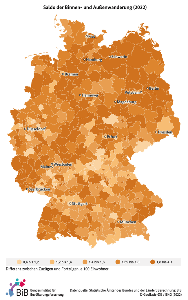 Karte zum Wanderungssaldo je 100 Einwohner in Deutschland auf Kreisebene im Jahr 2022