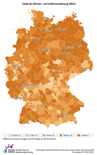 Karte zum Wanderungssaldo je 100 Einwohner in Deutschland auf Kreisebene im Jahr 2020 (verweist auf: Wanderungssaldo je 100 Einwohner in Deutschland (Kreisebene, 2020))