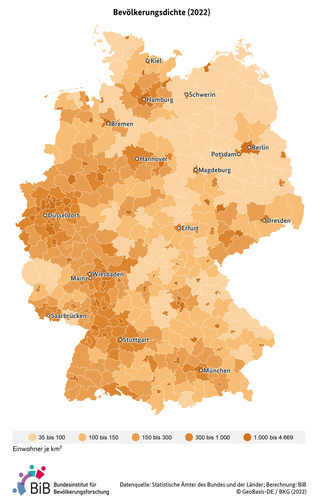 Karte zeigt die Bevölkerungsdichte in Einwohner je Quadratkilometer in Deutschland auf Kreisebene im Jahr 2020 (verweist auf: Bevölkerungsdichte in Deutschland (Kreisebene, 2020))