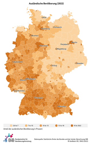 Karte zeigt den prozentualen Anteil der ausländischen Bevölkerung in Deutschland auf Kreisebene im Jahr 2020 (verweist auf: Ausländische Bevölkerung in Deutschland (Kreisebene, 2020))