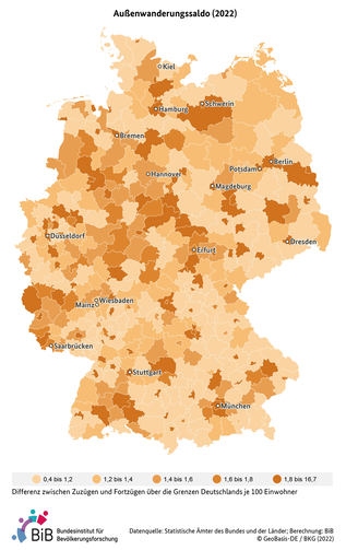 Karte zeigt den Außenwanderungssaldo je 100 Einwohner in Deutschland auf Kreisebene im Jahr 2020 (verweist auf: Außenwanderungssaldo je 100 Einwohner in Deutschland (Kreisebene, 2020))
