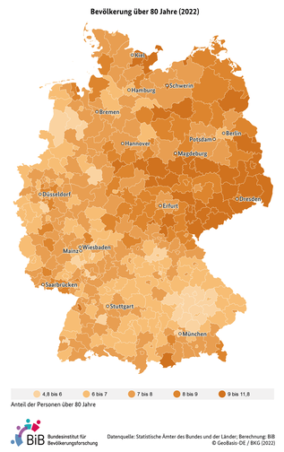 Karte zur Bevölkerung über 80 Jahre in Deutschland (Kreisebene, 2022) (verweist auf: Bevölkerung über 80 Jahre in Deutschland (Kreisebene, 2022))