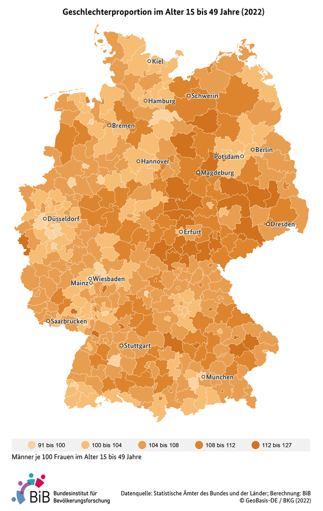 Karte der Geschlechterproportion im Alter 15 bis 49 Jahre in Deutschland  (Kreisebene, 2022) (verweist auf: Geschlechterproportion im Alter 15 bis 49 Jahre in Deutschland (Kreisebene, 2022))