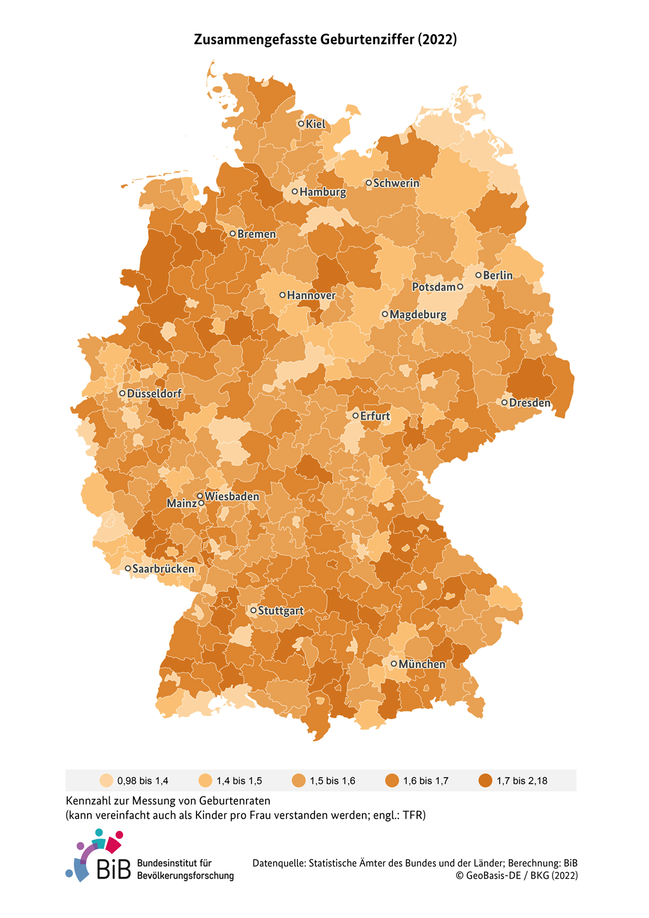 Karte zur zusammengefassten Geburtenziffer (TFR) in Deutschland auf Kreisebene im Jahr 2022 (verweist auf: Zusammengefasste Geburtenziffer (TFR) in Deutschland (Kreisebene, 2022))