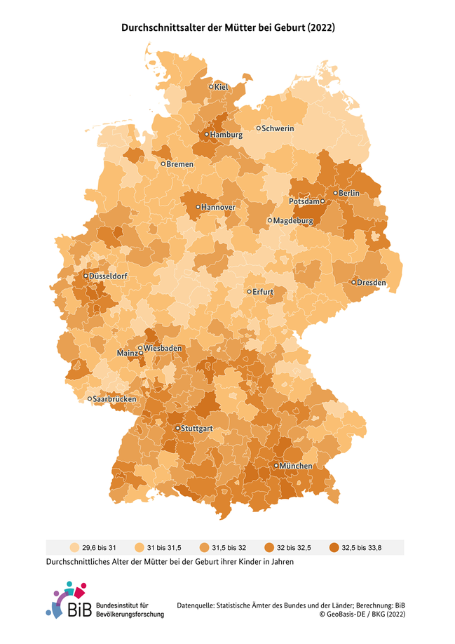 Karte zum durchschnittlichen Alter der M&#252;tter bei Geburt ihrer Kinder in Deutschland auf Kreisebene im Jahr 2020 (verweist auf: Durchschnittliches Alter der Mütter bei Geburt ihrer Kinder in Deutschland (Kreisebene, 2020))
