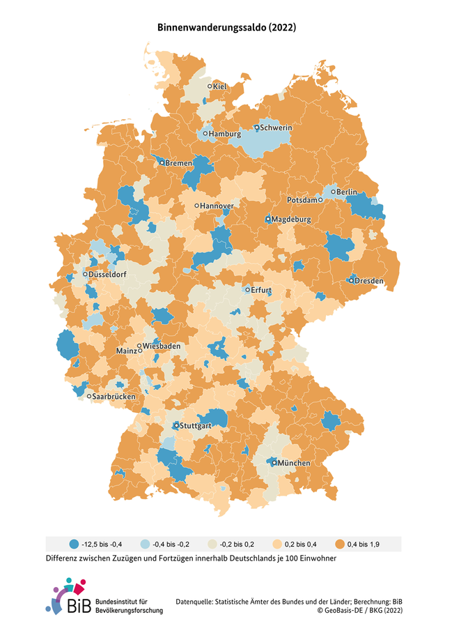 Deutschlandkarte des Binnenwanderungssaldos je 100 Einwohner in Deutschland auf Kreisebene im Jahr 2020 (verweist auf: Binnenwanderungssaldo je 100 Einwohner in Deutschland (Kreisebene, 2020))
