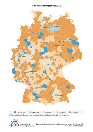 Deutschlandkarte des Binnenwanderungssaldos je 100 Einwohner in Deutschland auf Kreisebene im Jahr 2022 (verweist auf: Binnenwanderungssaldo je 100 Einwohner in Deutschland (Kreisebene 2022))