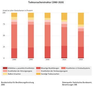 Balkendiagramm der Todesursachenstruktur in Deutschland in Prozent (1980 bis 2020) (verweist auf: Veränderung der Todesursachenstruktur in Deutschland (1980-2020))