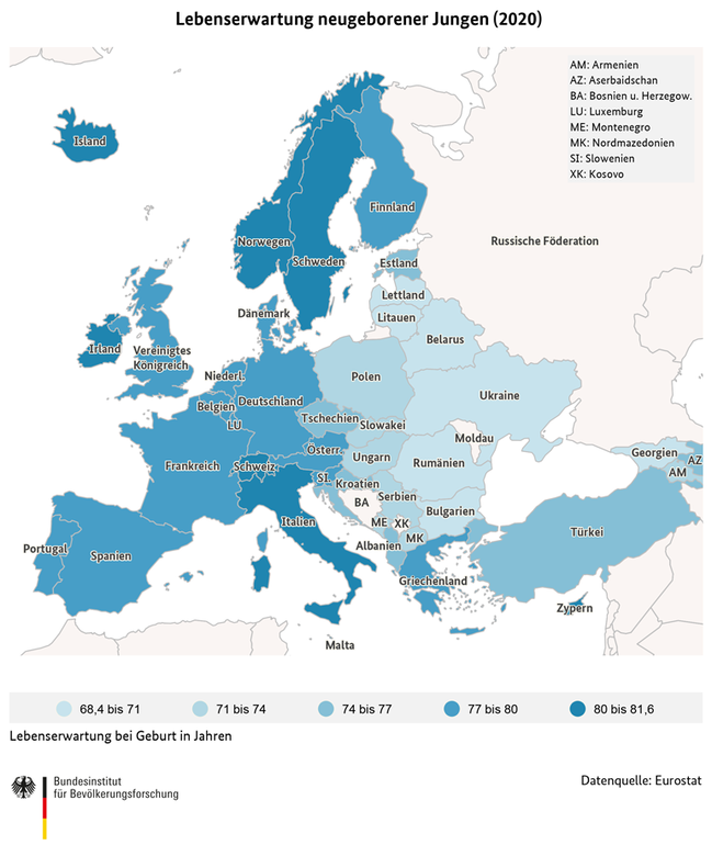 Karte zur Lebenserwartung neugeborener Jungen in europ&#228;ischen und angrenzenden L&#228;ndern (2020) (verweist auf: Lebenserwartung neugeborener Jungen in europäischen und angrenzenden Ländern (2020))