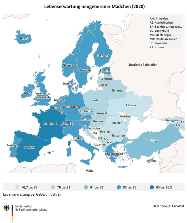 Karte zur Lebenserwartung neugeborener M&#228;dchen in europ&#228;ischen und angrenzenden L&#228;ndern (2020) (verweist auf: Lebenserwartung neugeborener Mädchen in europäischen und angrenzenden Ländern (2020))