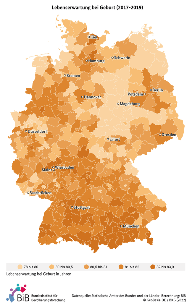 Karte der Lebenserwartung Neugeborener in Deutschland auf Kreisebene der Jahre 2017-2019