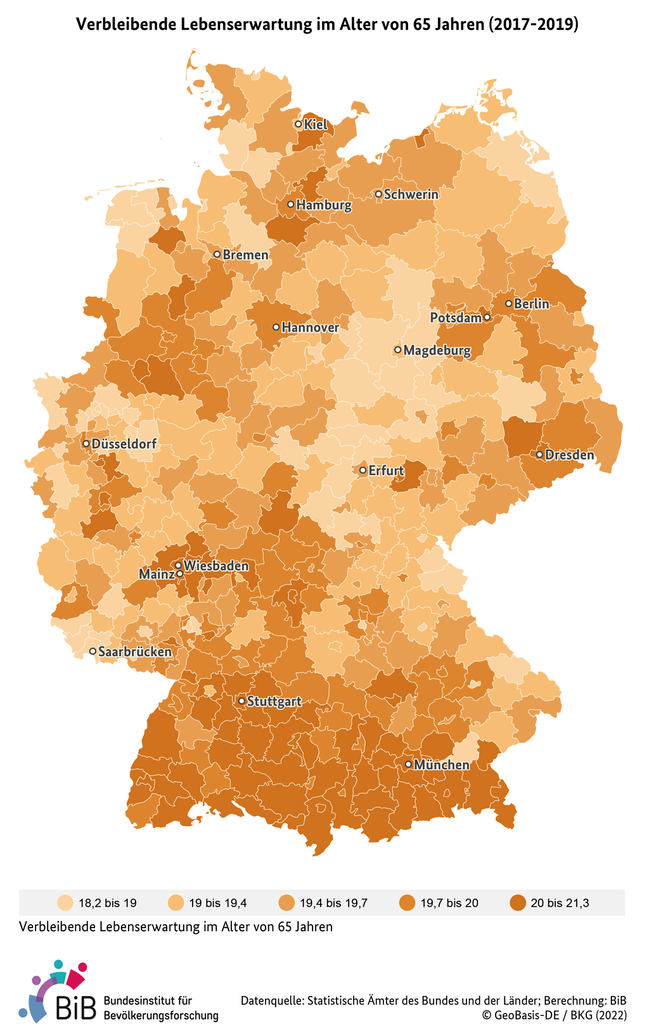 Karte der Lebenserwartung 65-J&#228;hriger in Deutschland auf Kreisebene der Jahre 2017-2019 (verweist auf: Lebenserwartung 65-Jähriger in Deutschland (Kreisebene, 2017-2019))