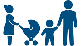 symbolische Darstellung einer Familie: Mutter mit Kinderwagen und Vater mit Kind an der Hand (verweist auf: Forschungsbereich Familie und Fertilität)