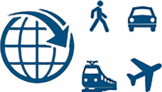 symbolische Darstellung einer Weltkugel mit Pfeil sowie vier Verkehrsmitteln (verweist auf: Forschungsbereich Migration und Mobilität)