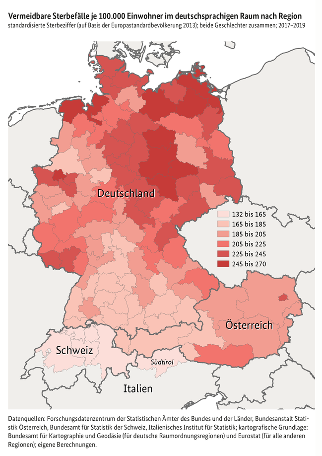 Karte zu vermeidbaren Sterbefällen je 100.000 Einwohner im deutschsprachigen Raum nach Region