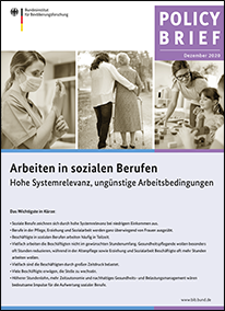 Titelbild Policy Brief „Arbeiten in sozialen Berufen“ (verweist auf: Arbeiten in sozialen Berufen - Hohe Systemrelevanz, ungünstige Arbeitsbedingungen)